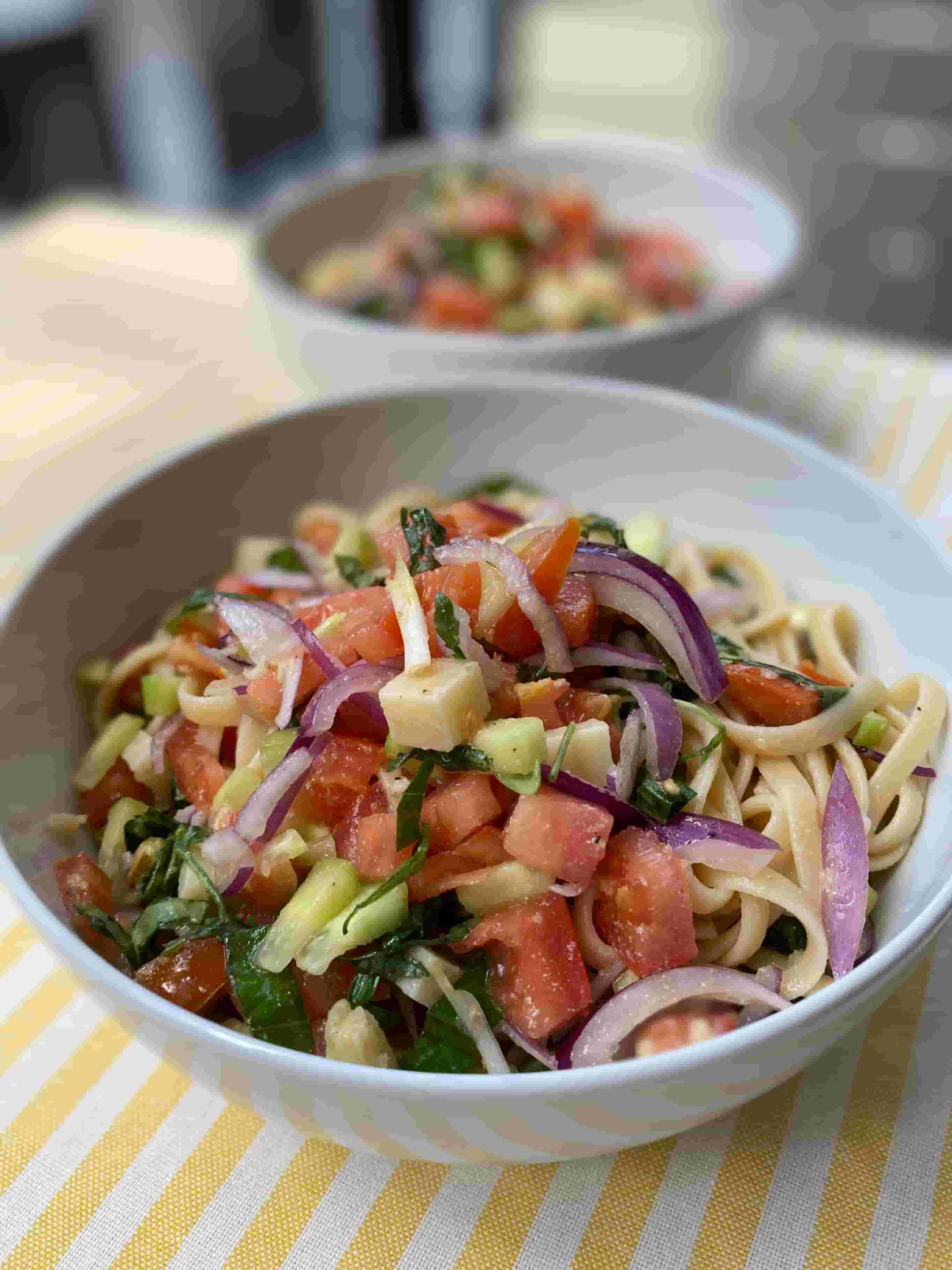 Your Go-To Summer Linguine with Fresh Veggies & Pistachio Crunch Recipe Image
