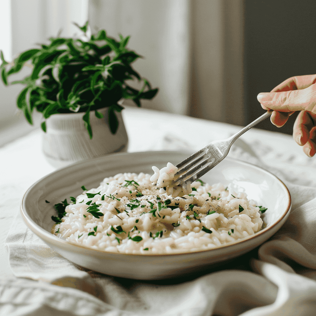 Romige risotto met verse groene asperges en Parmezaanse kaas, een herziene Italiaanse traditie Recipe Image