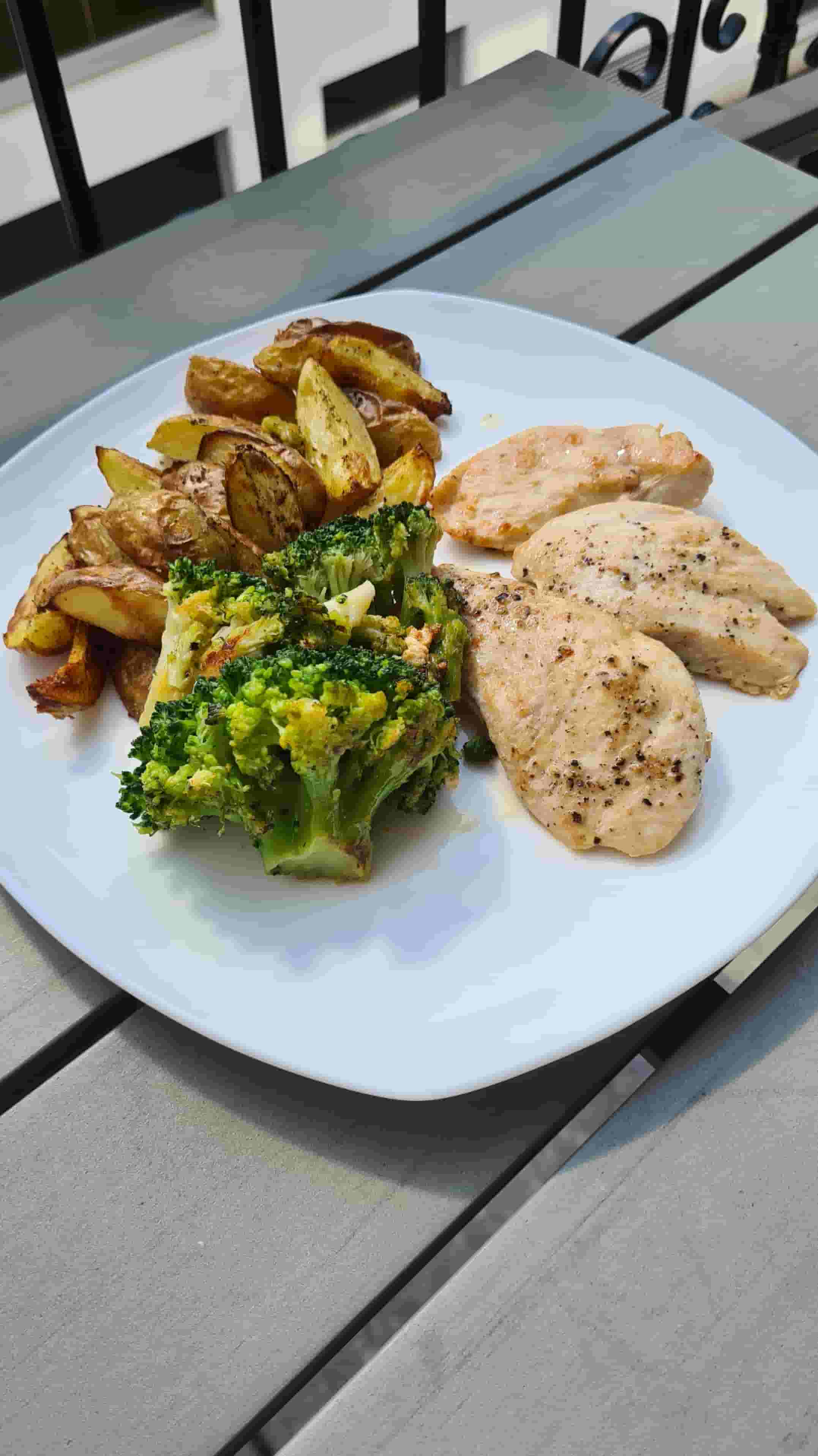 Пиле на тиган, печени картофи и броколи на пара Recipe Image