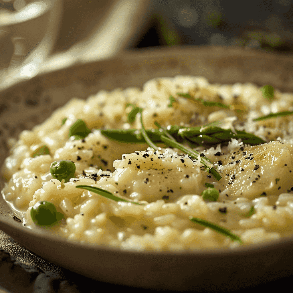 Romige risotto met verse groene asperges en Parmezaanse kaas, een herziene Italiaanse traditie Recipe Image