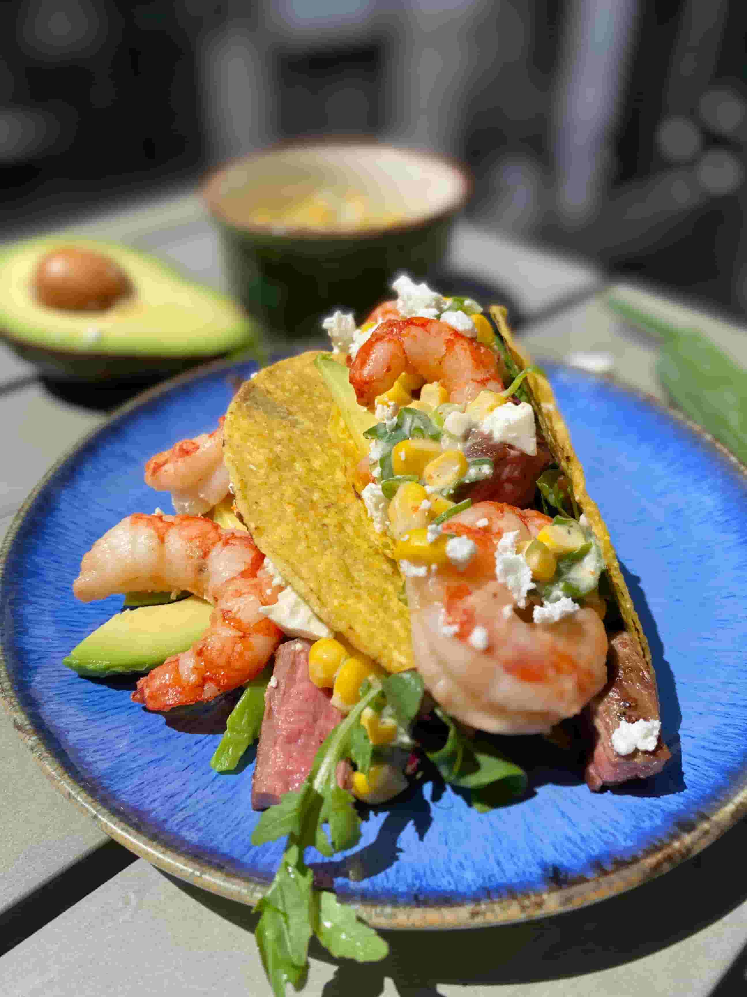 Surf and Turf Tacos with Avocado and Mixed Salad Recipe Image