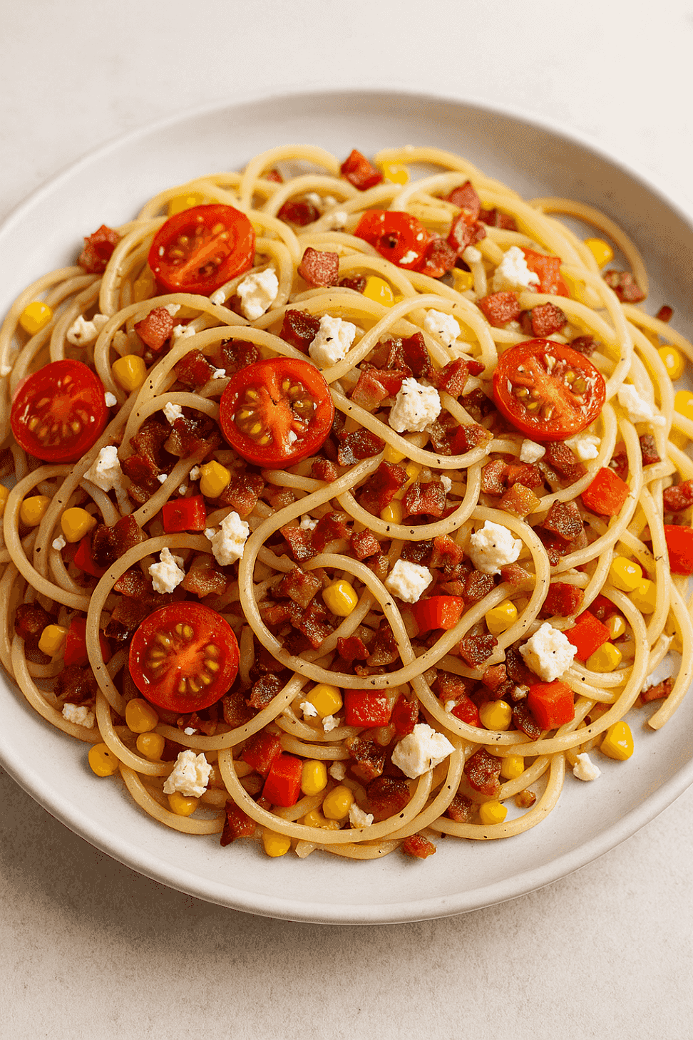 Spaghetti-Salat mit Gemüse, Speck und Feta Recipe Image