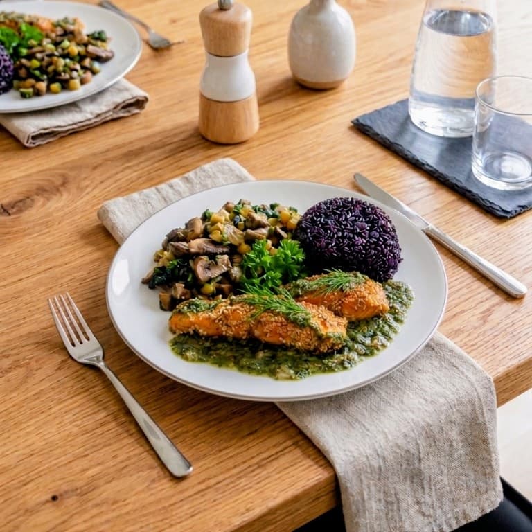 Lachs mit Sesankruste, schwarzem Reis und Dill-Zitronen-Soße Rocely Rezept