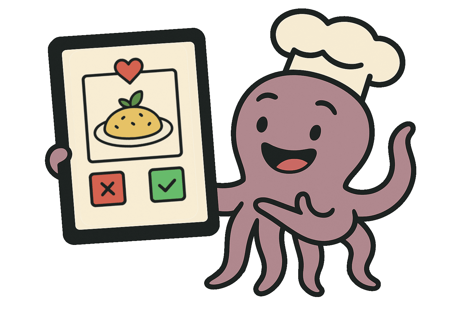 Rocely MealMatcher Hero Image with its Octopus Mascot Showcasing the App in a Tablet