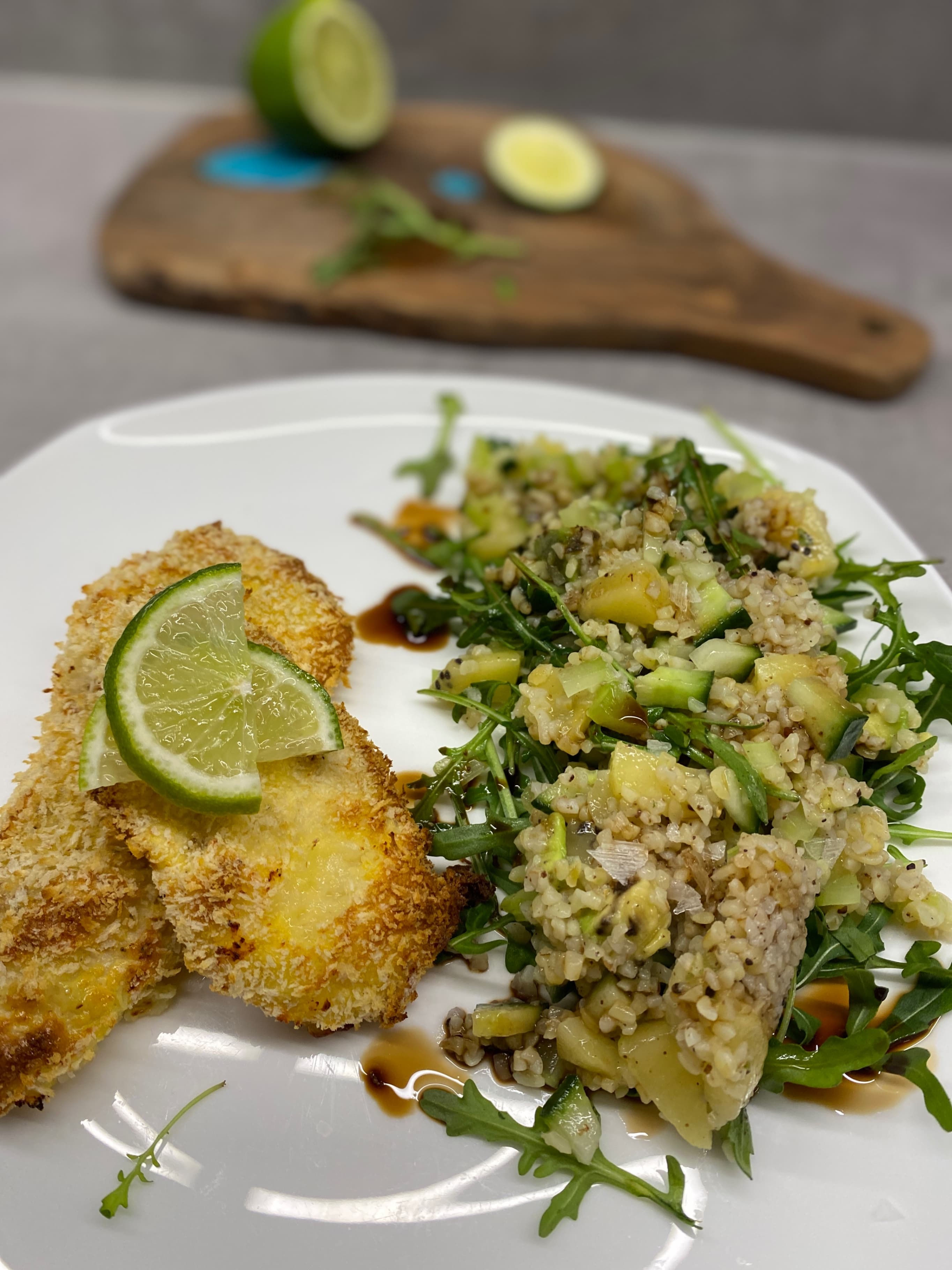 Crispy Chicken with Bulgur–Kiwi Salad Recipe Image