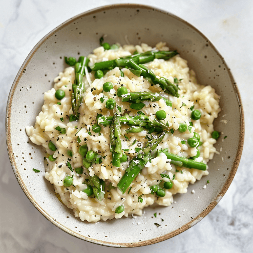 Kremowe risotto ze świeżymi zielonymi szparagami i parmezanem, odświeżona włoska tradycja Recipe Image