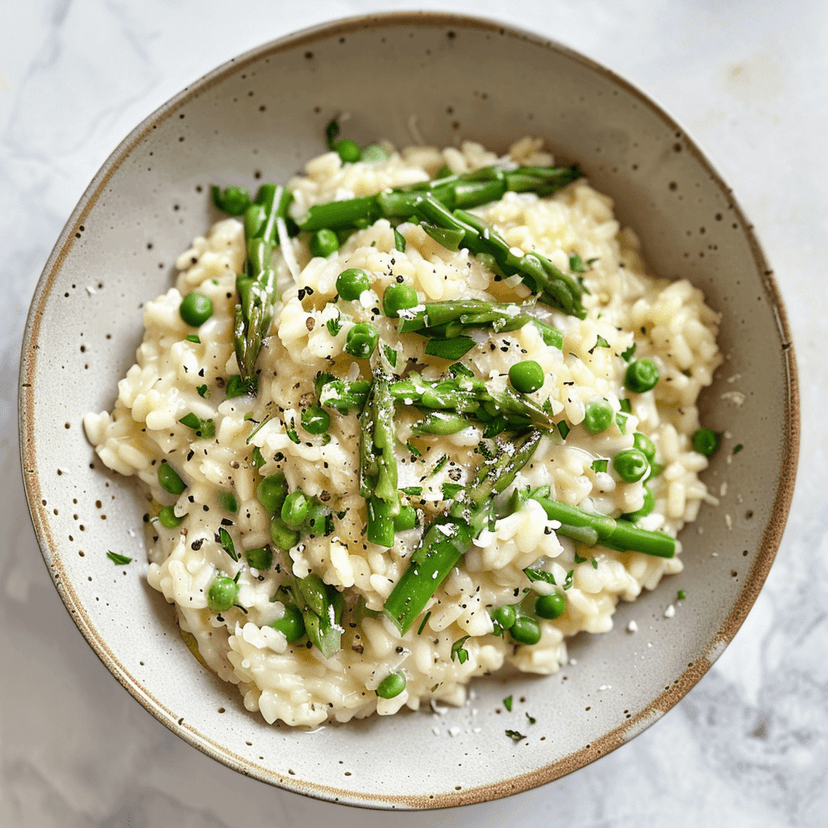 Receta de Rocely de Risotto cremoso con espárragos verdes frescos y parmesano, una tradición italiana reinventada