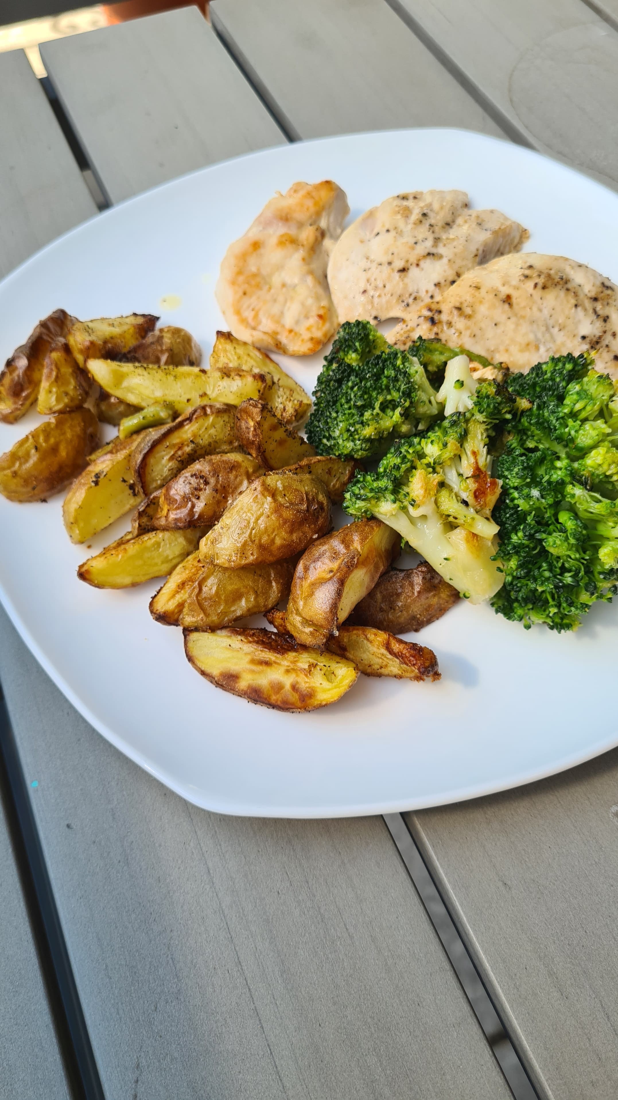Gebratenes Hähnchen, Ofenkartoffeln & Gedämpfter BrokkoliRecipe Image