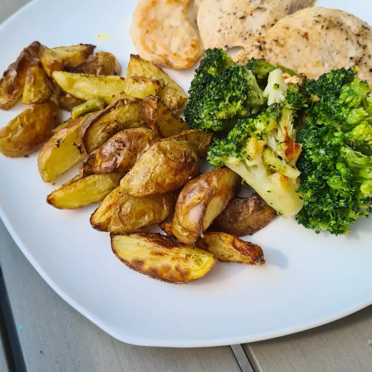 Pan-Fried Chicken, Baked Potatoes & Steamed Broccoli Recipe