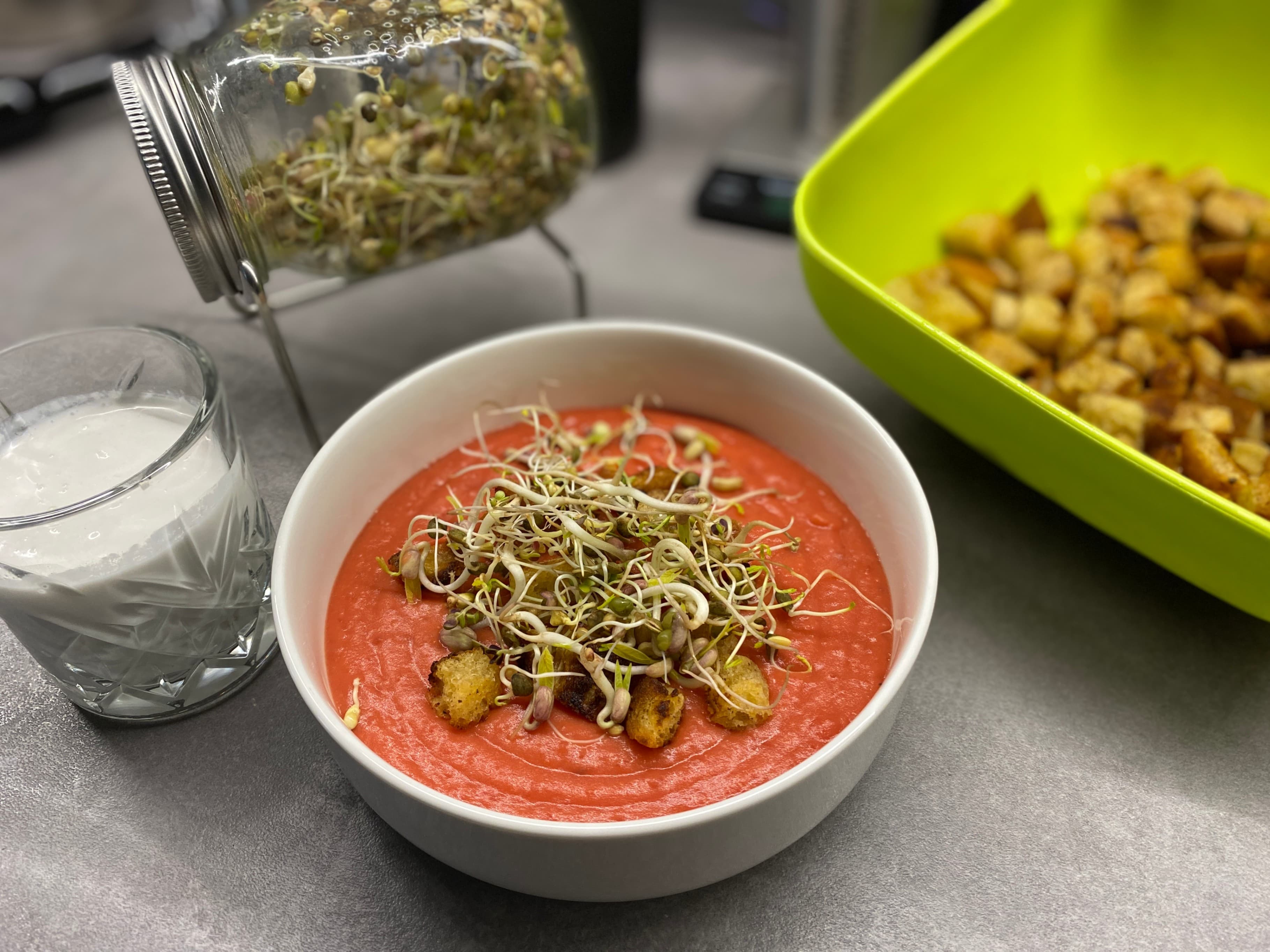 Beetroot Coconut Cream Soup with Croutons and SproutsRecipe Image