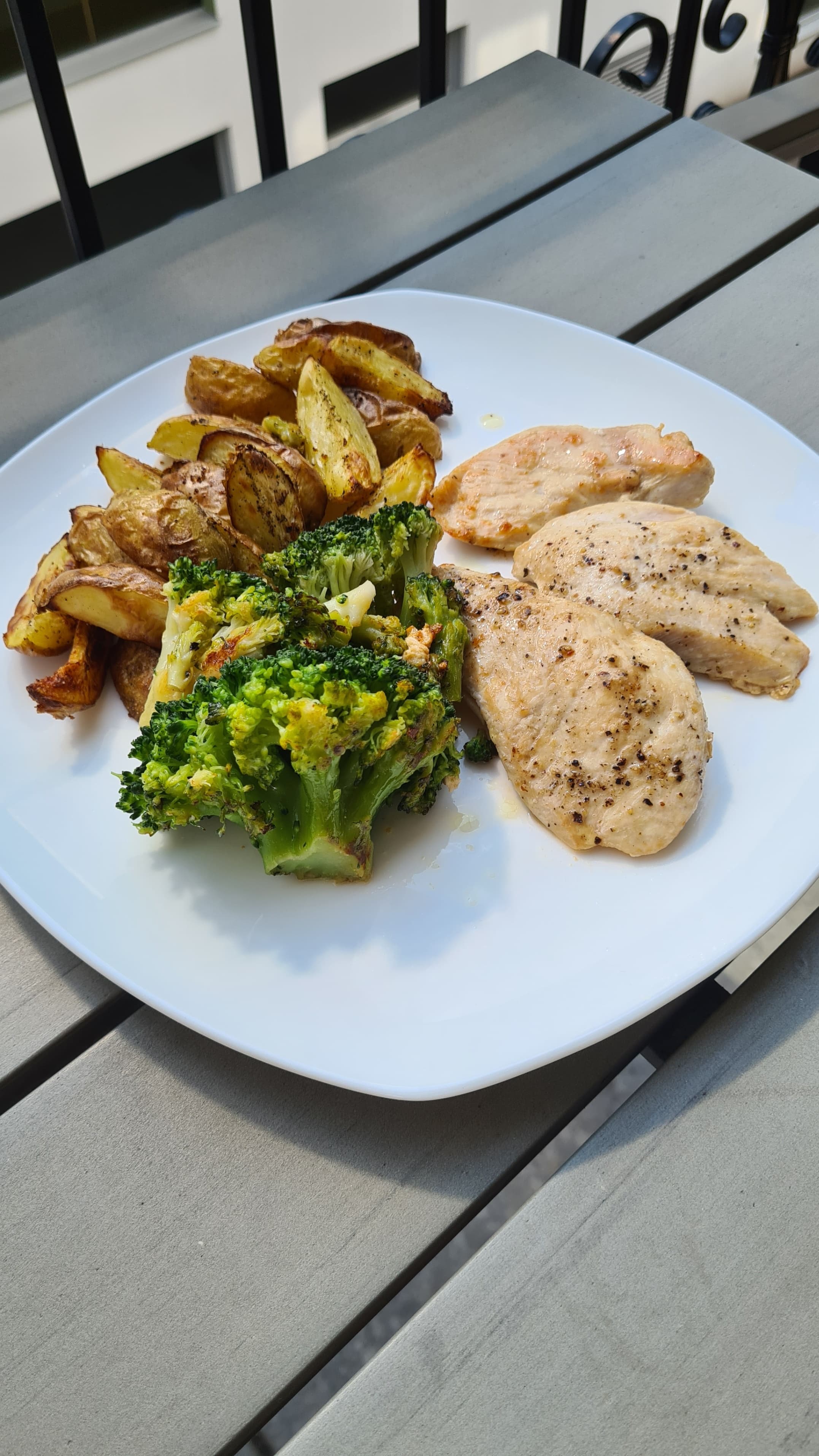 Gebratenes Hähnchen, Ofenkartoffeln & Gedämpfter BrokkoliRecipe Image
