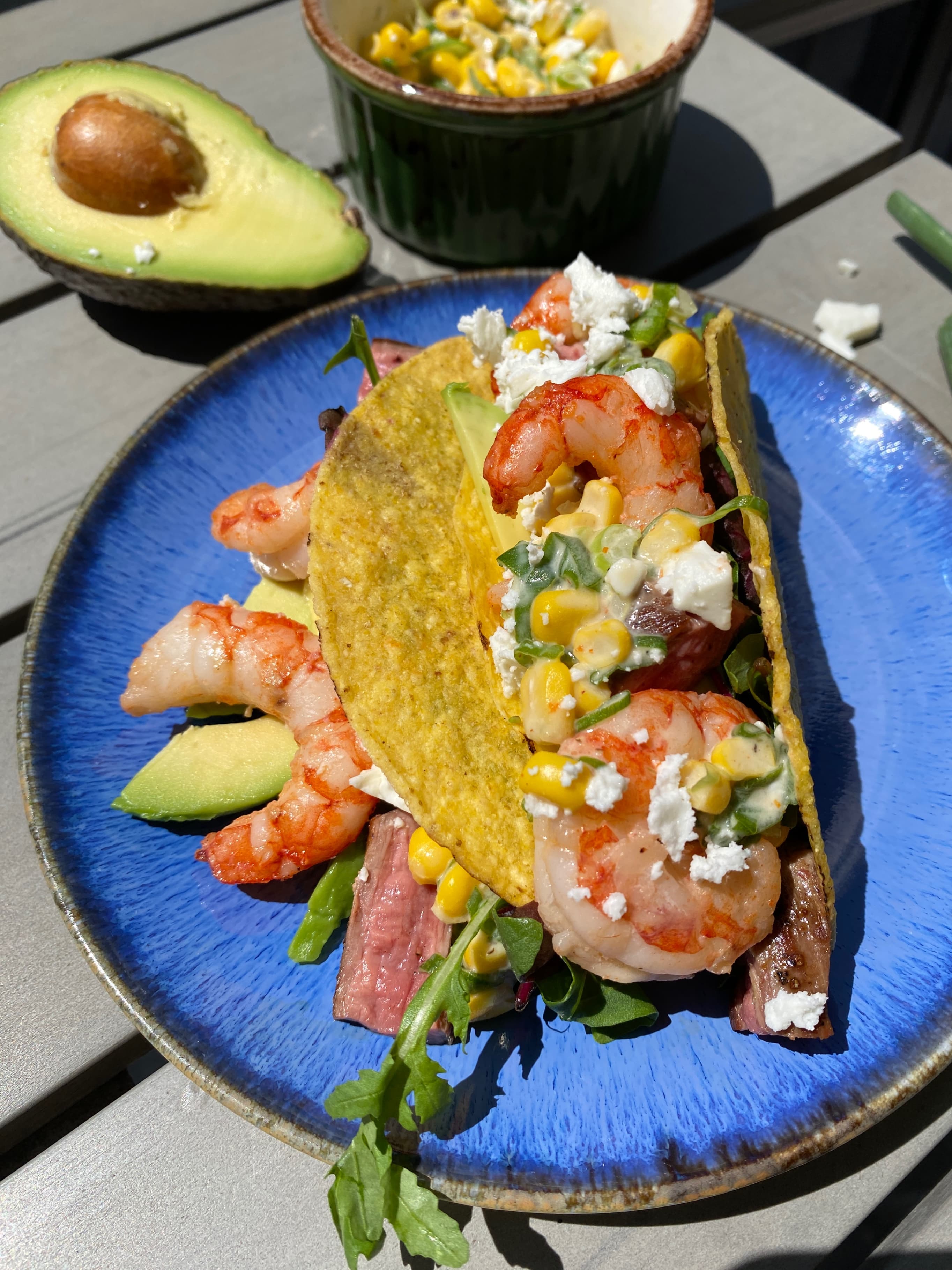 Surf and Turf Tacos with Avocado and Mixed Salad Recipe Image