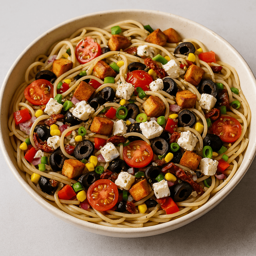 Ensalada de espaguetis vegana con verduras y tofuRecipe Image