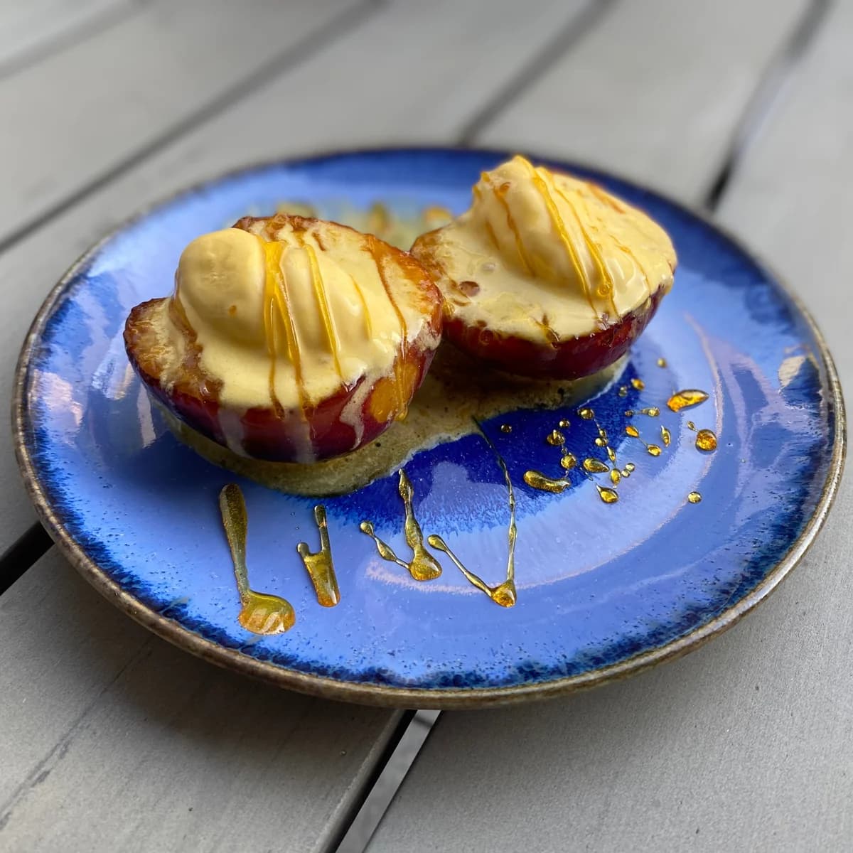 Grilled Peaches with Vanilla Ice Cream and Crunchy Caramel Drizzle Recipe