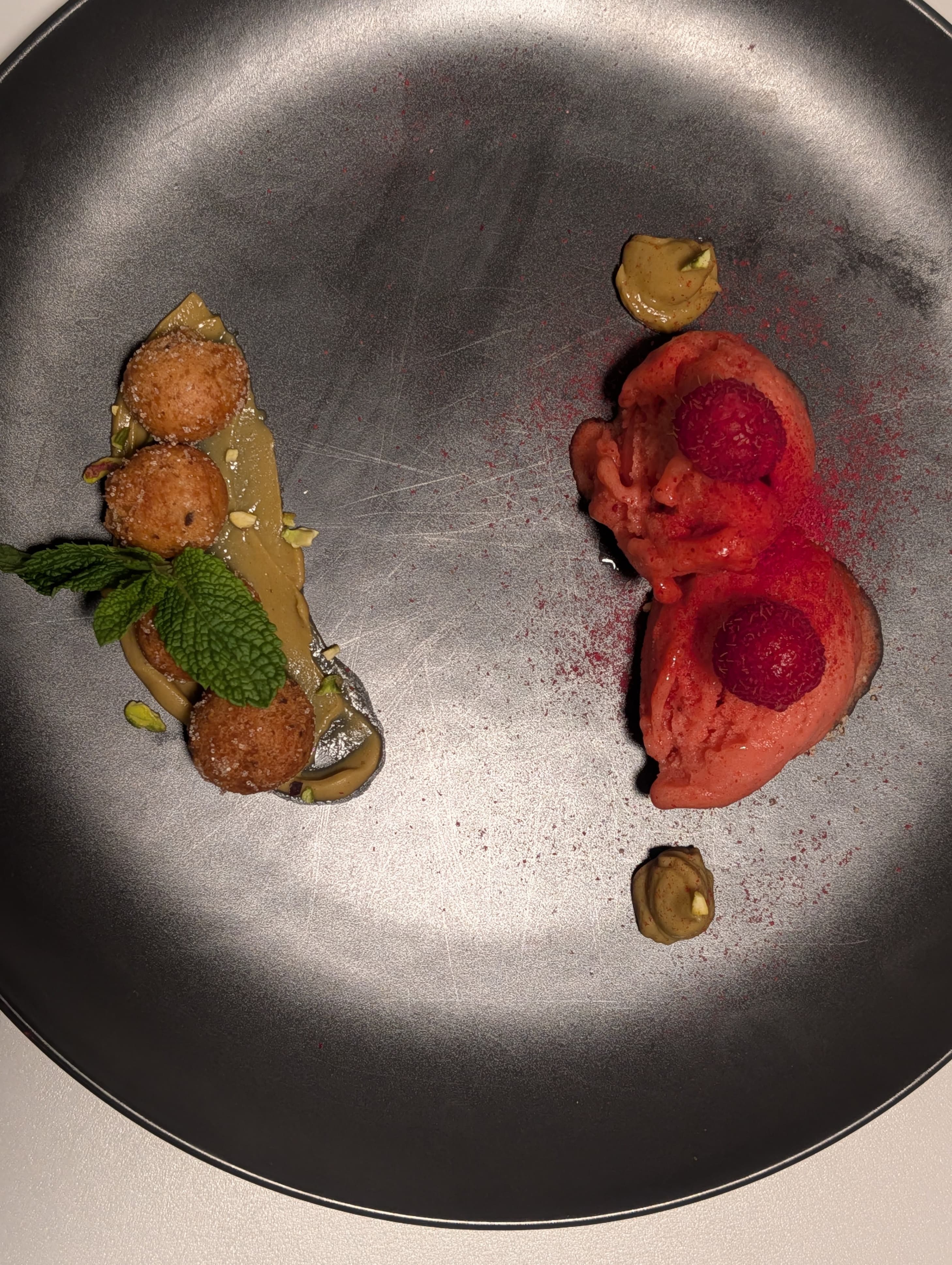 Exquisite Pistachio Raspberry Dessert with Crispy Mutzen and Creamy Sorbet Recipe Image