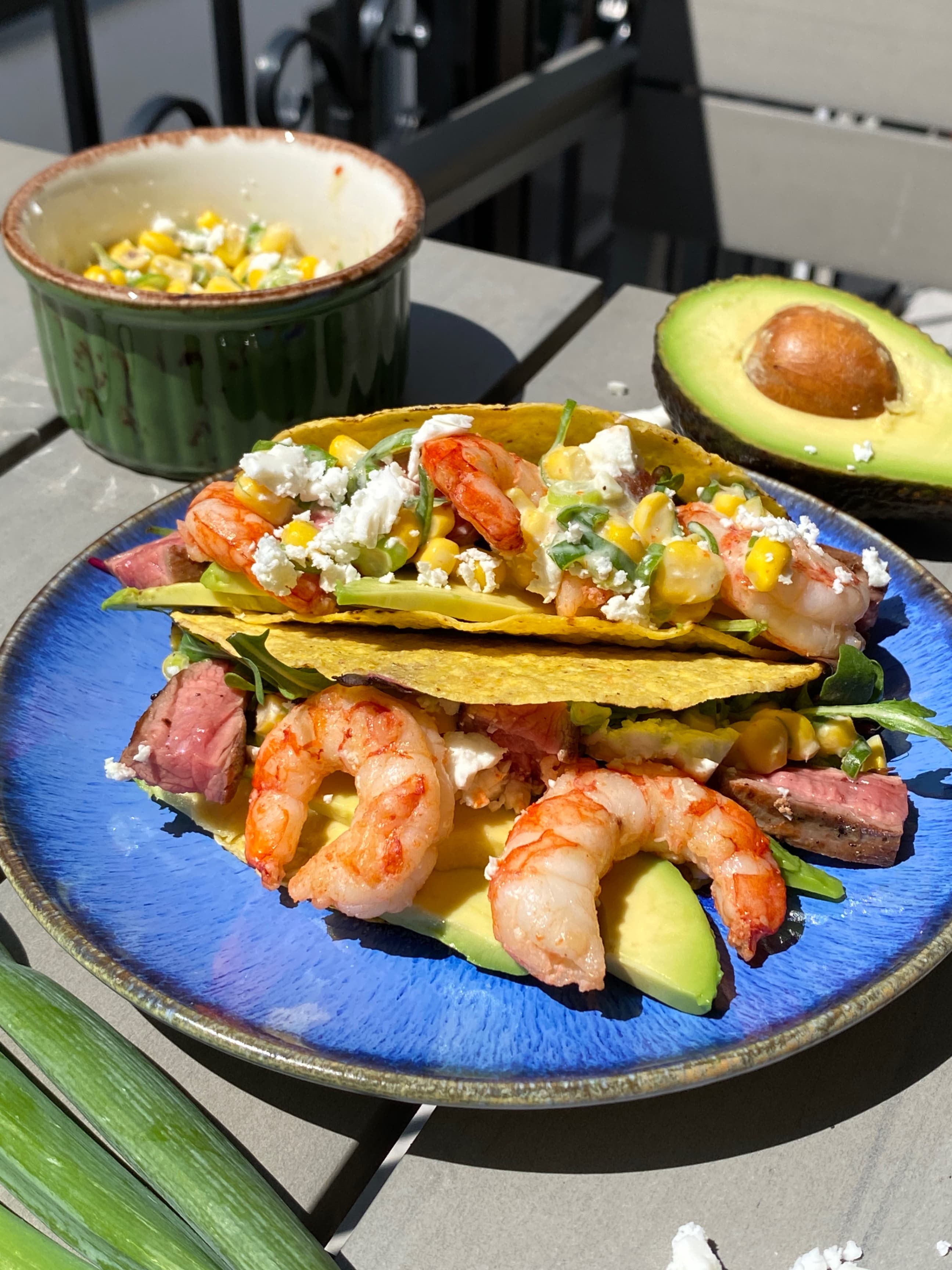 Surf and Turf Tacos with Avocado and Mixed Salad Recipe Image