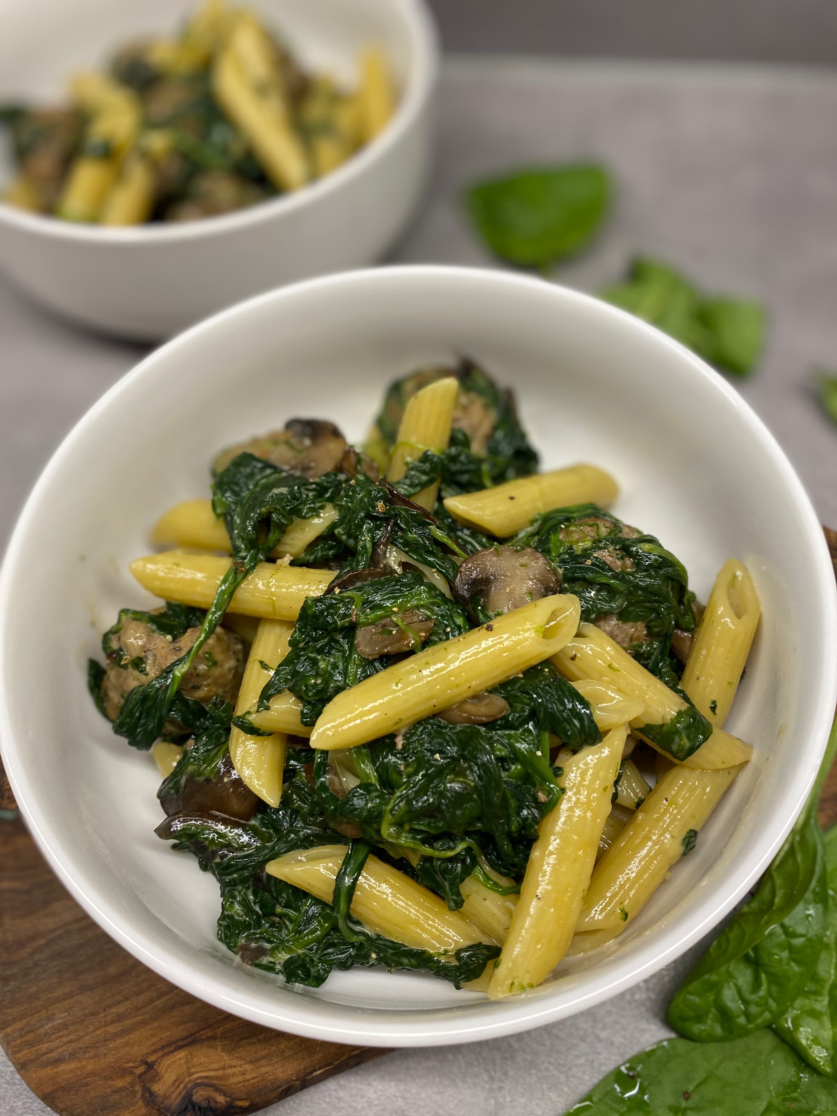 Creamy Penne with Sautéed Spinach, Brown Mushrooms, and Meatballs Recipe Image
