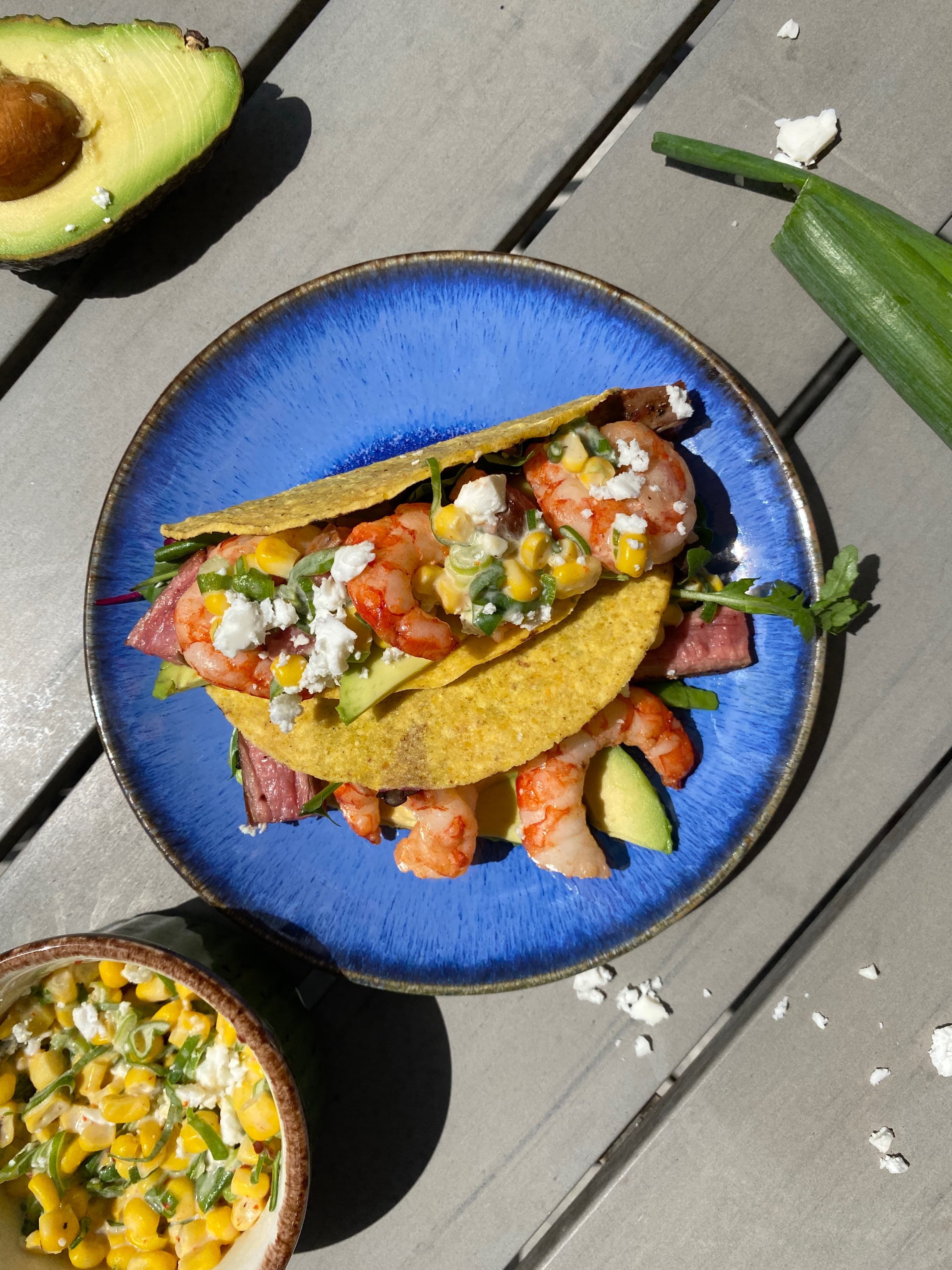 Surf and Turf Tacos with Avocado and Mixed Salad Recipe Image
