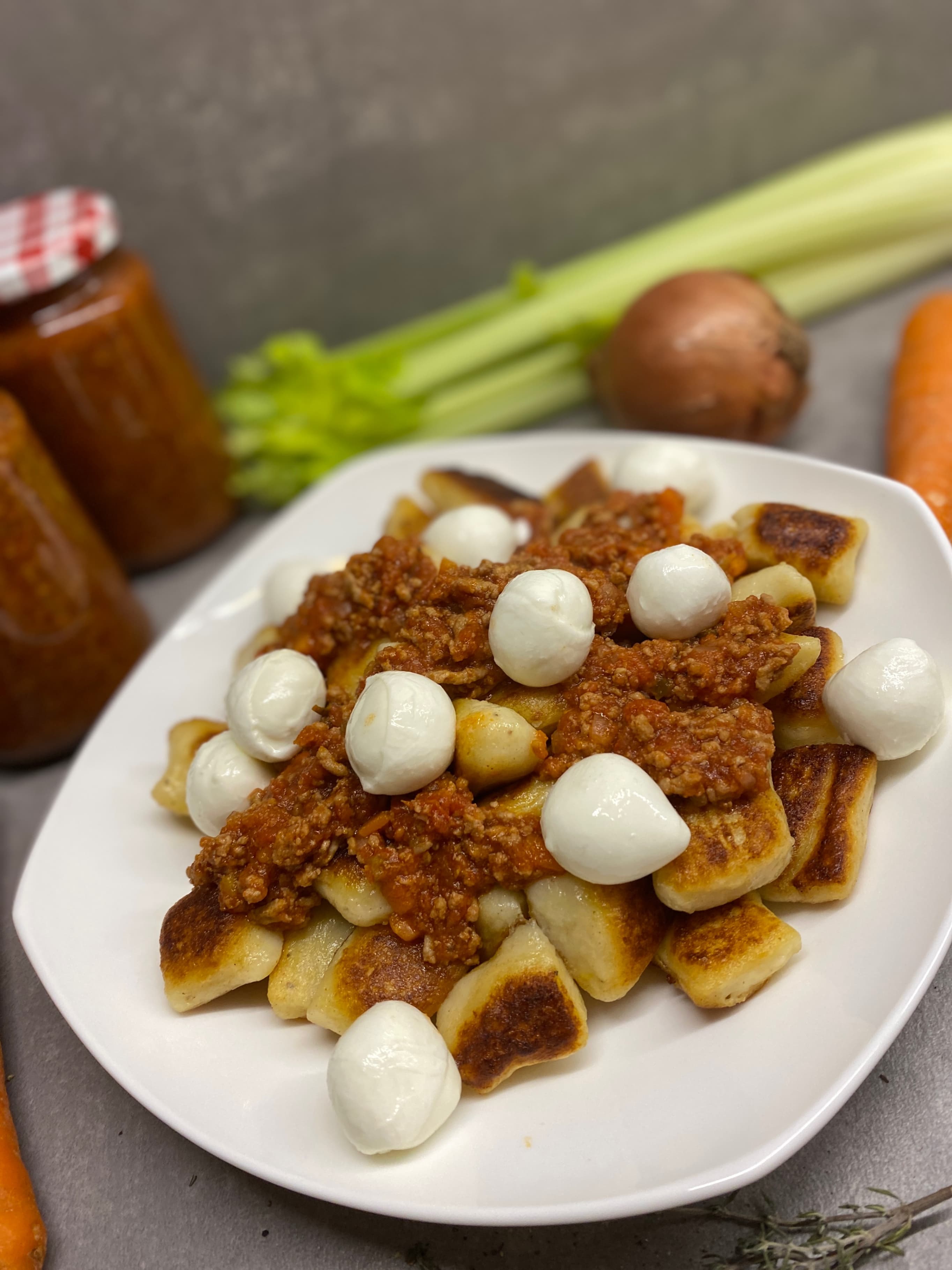 Crispy Gnocchi with Homemade Ragù & Mini Bufala Mozzarella Recipe Image