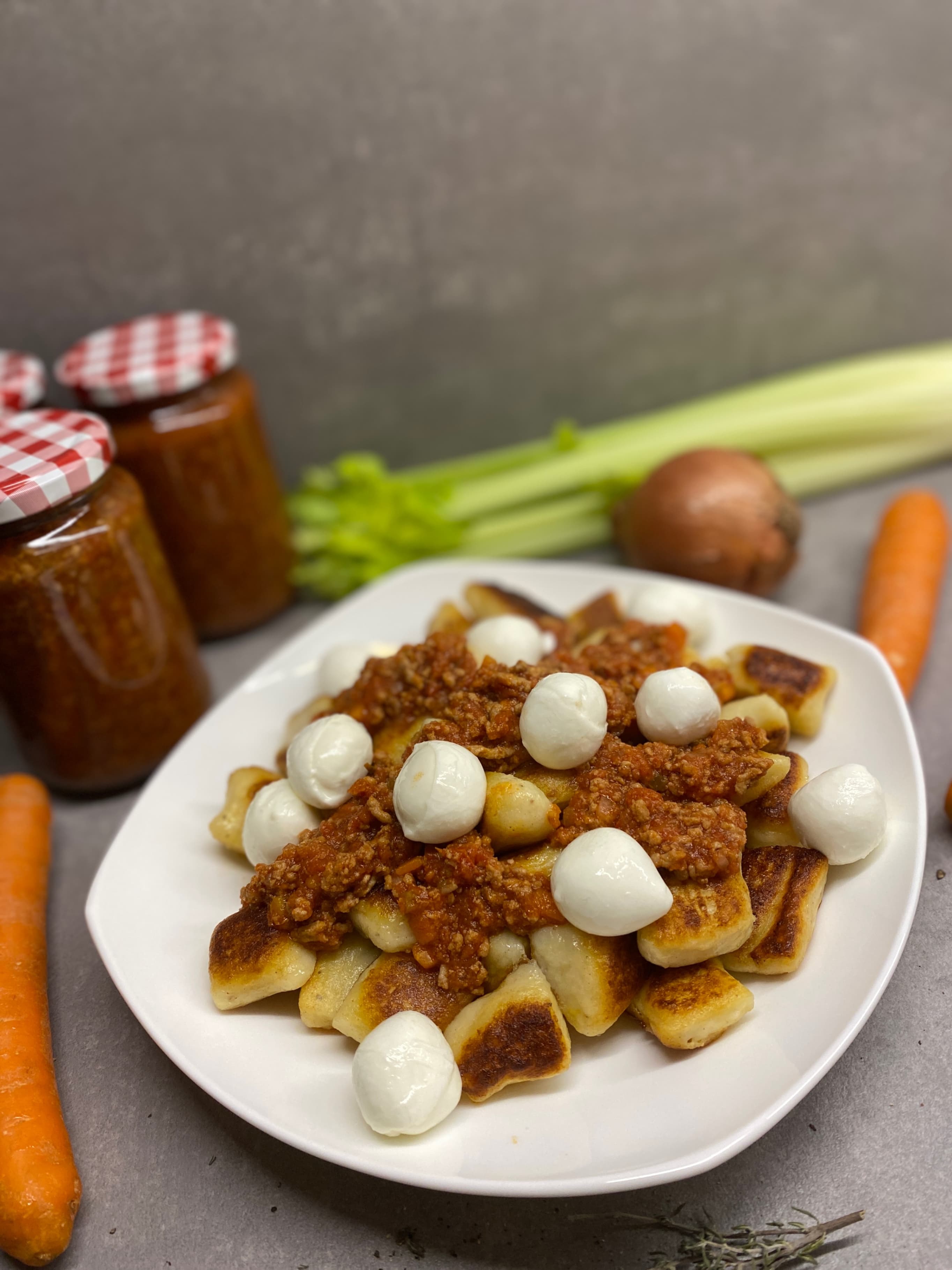 Crispy Gnocchi with Homemade Ragù & Mini Bufala Mozzarella Recipe Image