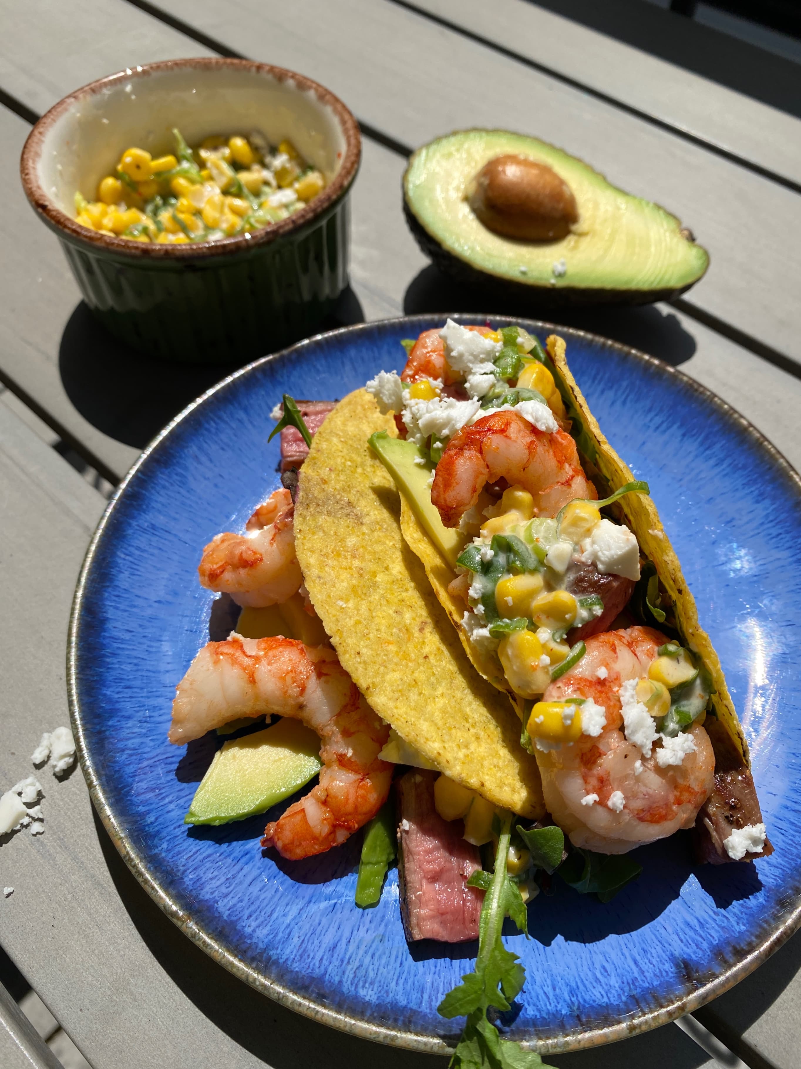 Surf and Turf Tacos with Avocado and Mixed Salad Recipe Image