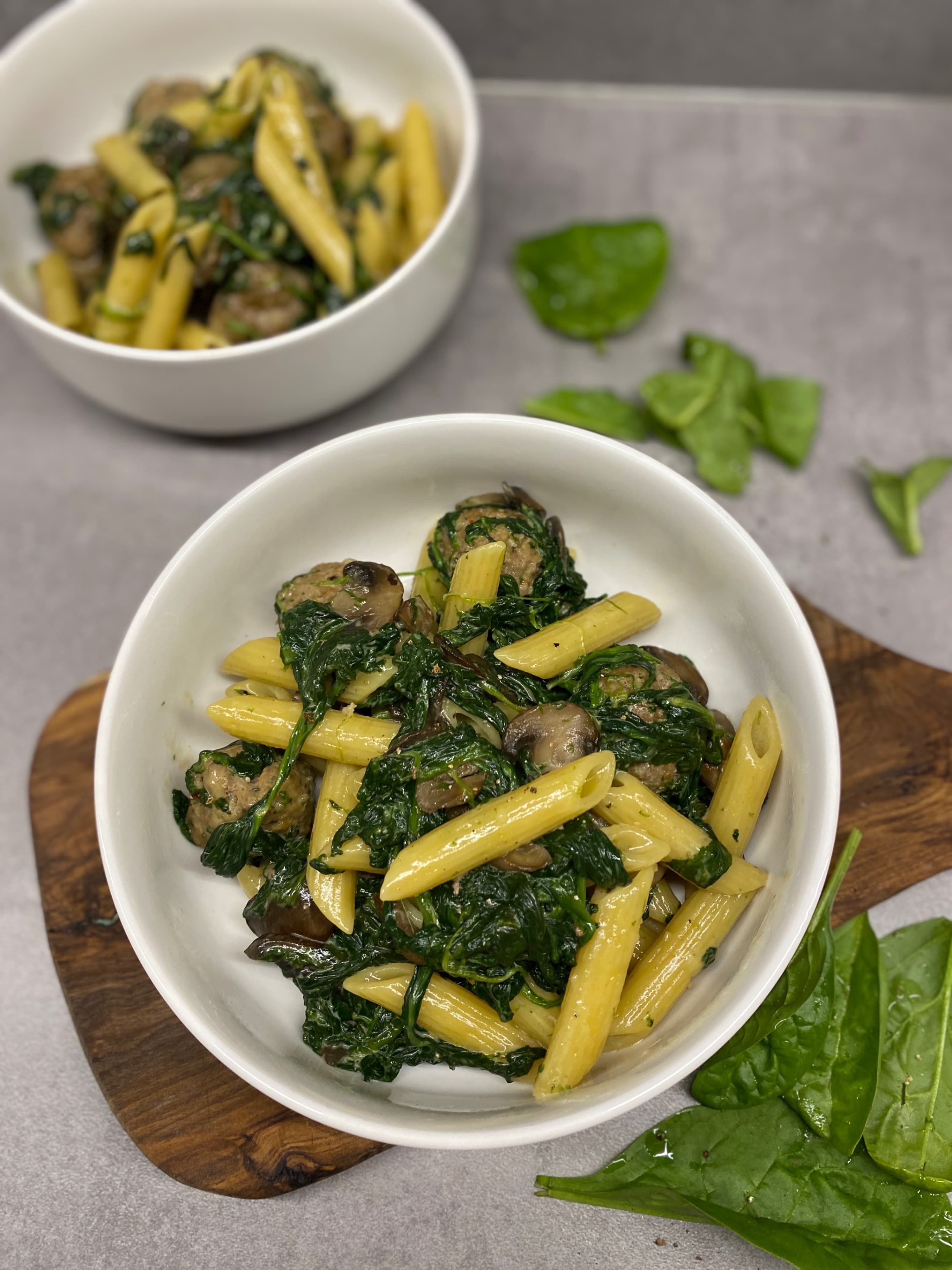 Creamy Penne with Sautéed Spinach, Brown Mushrooms, and Meatballs Recipe Image