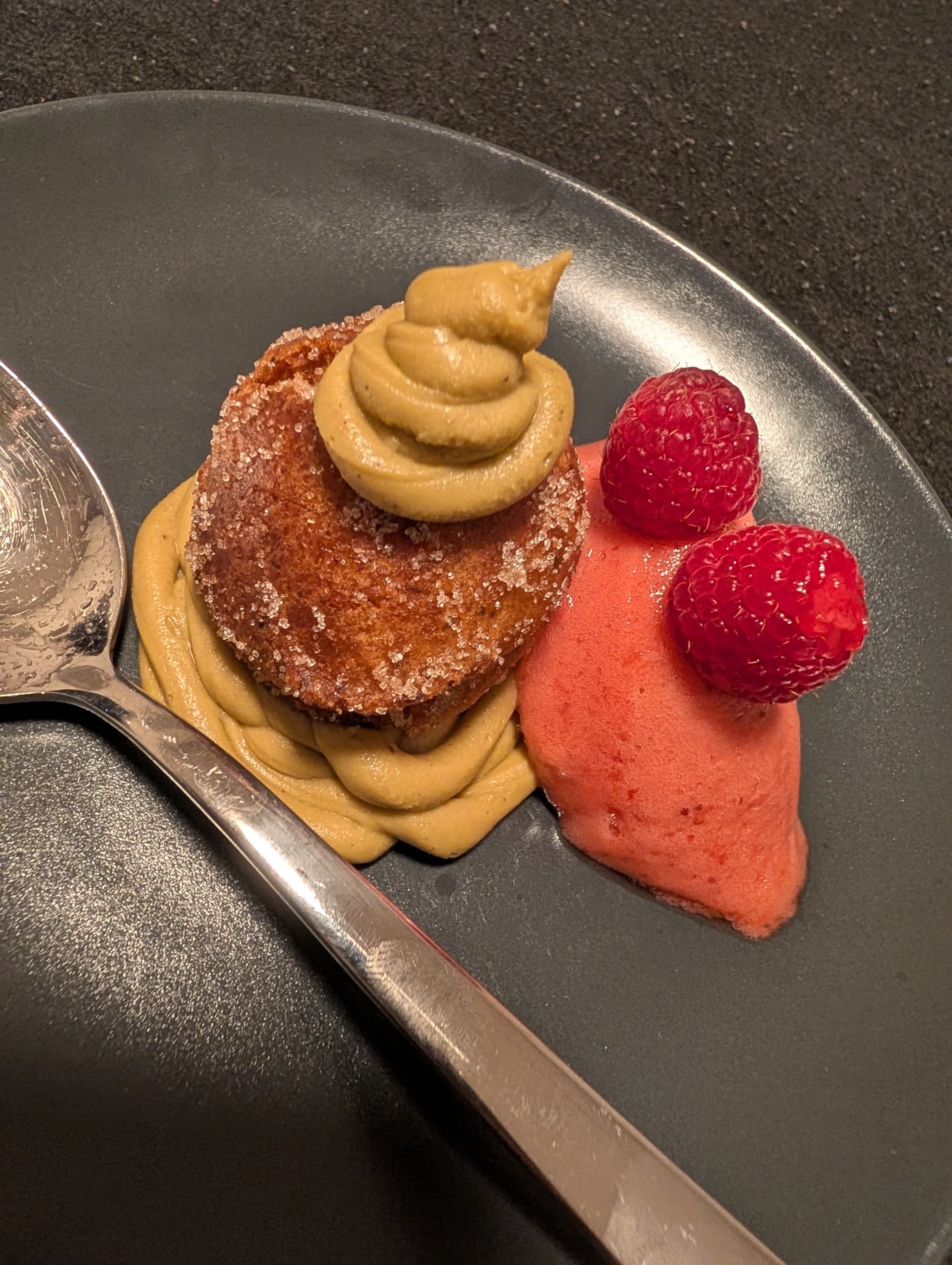 Exquisite Pistachio Raspberry Dessert with Crispy Mutzen and Creamy Sorbet Recipe Image