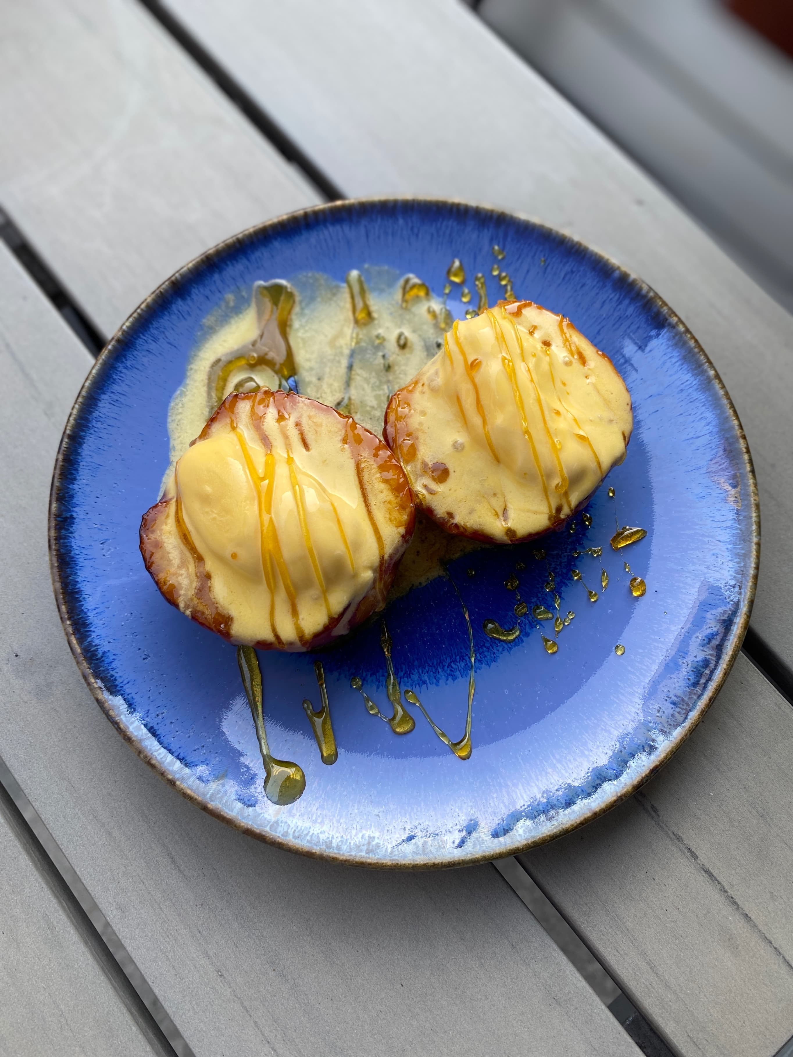 Grilled Peaches with Vanilla Ice Cream and Crunchy Caramel Drizzle Recipe Image