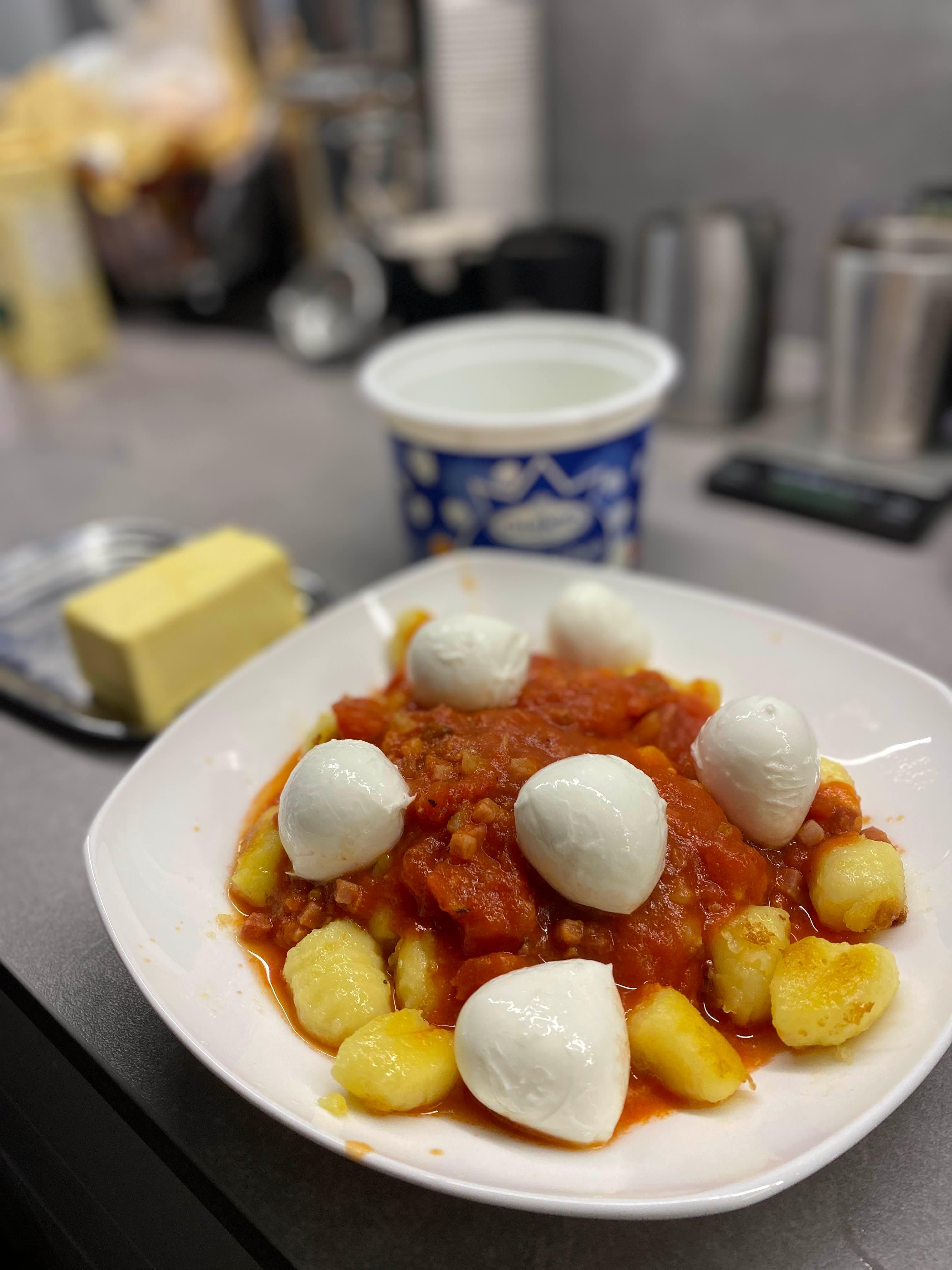 Gnocchi with Tomato Bacon Sauce and Mozzarella di Bufala Recipe Image