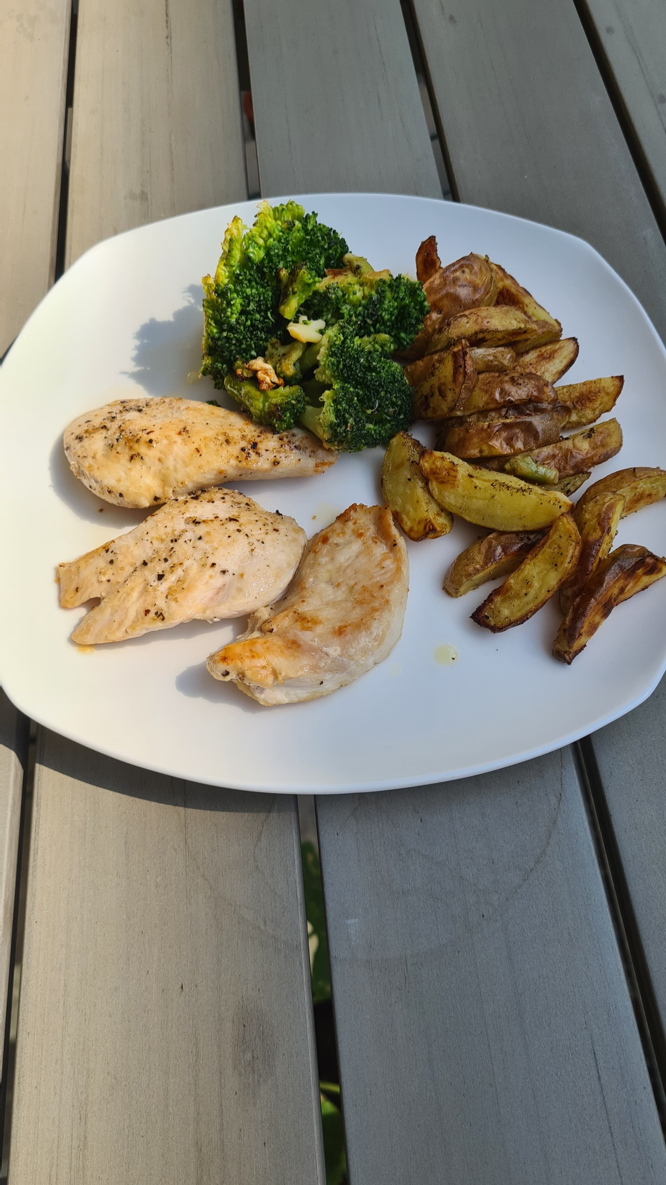 Gebratenes Hähnchen, Ofenkartoffeln & Gedämpfter BrokkoliRecipe Image