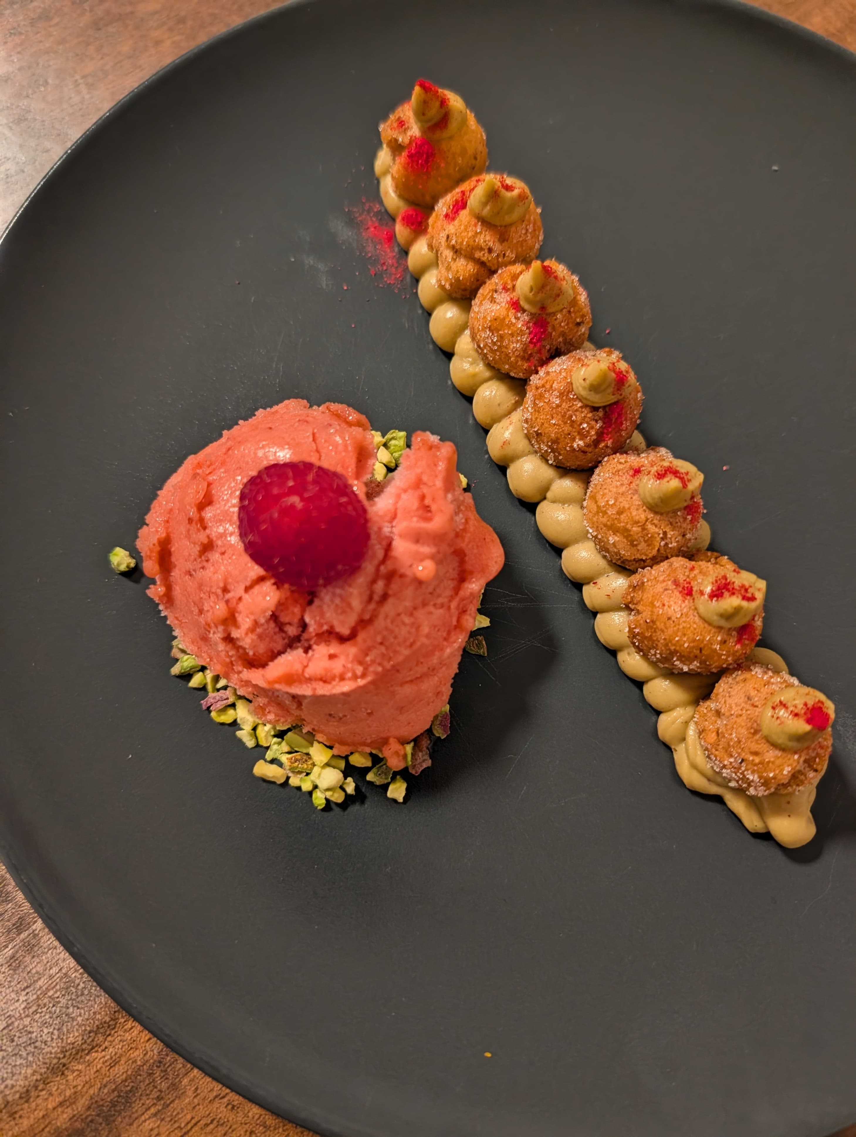 Exquisite Pistachio Raspberry Dessert with Crispy Mutzen and Creamy Sorbet Recipe Image